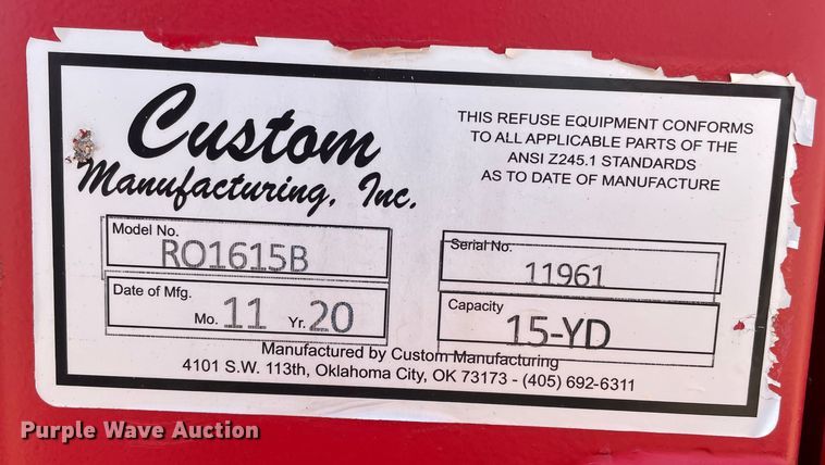 image for item DN4739 2020 Custom Manufacturing, Inc. RO1615B  roll-off container