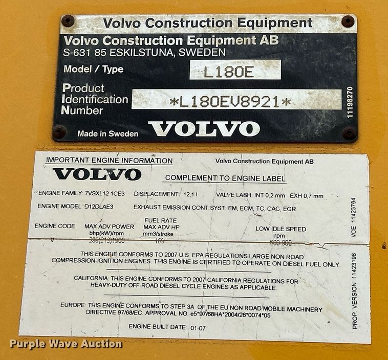 image for item DQ0890 2007 Volvo L180E  wheel loader