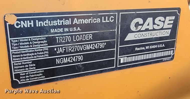 image for item HY9095 2017 Case TR270  tracked skid steer loader