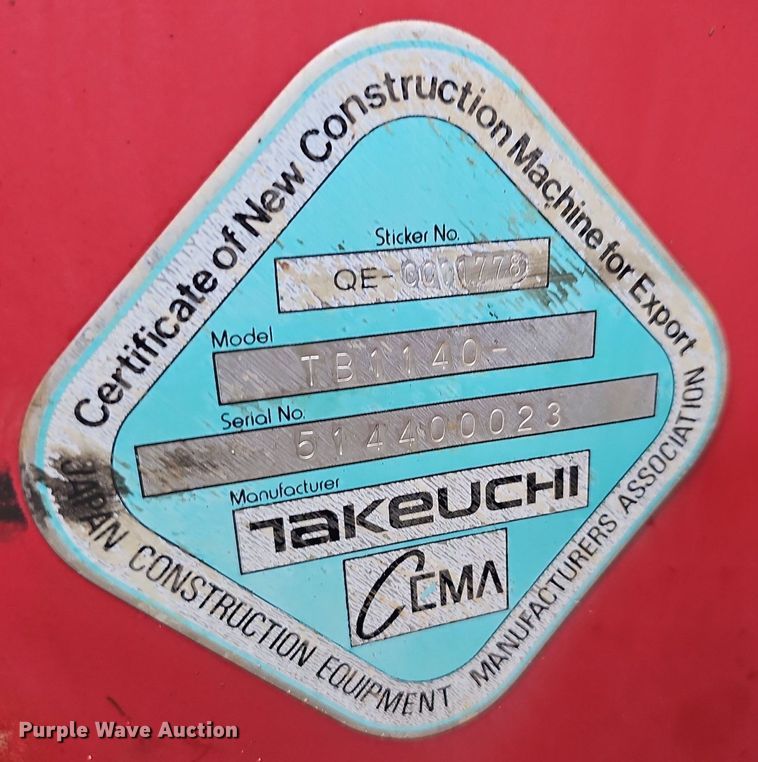 image for item NT9907 2013 Takeuchi TB1140  mini excavator