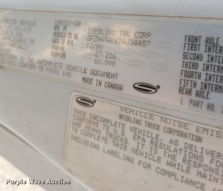 image for item ZA0344 2001 Sterling LT7500  crane truck