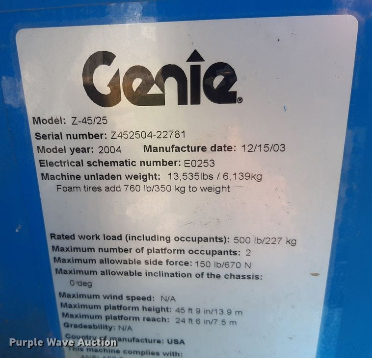 image for item IP9437 2004 Genie Z-45/25 boom lift