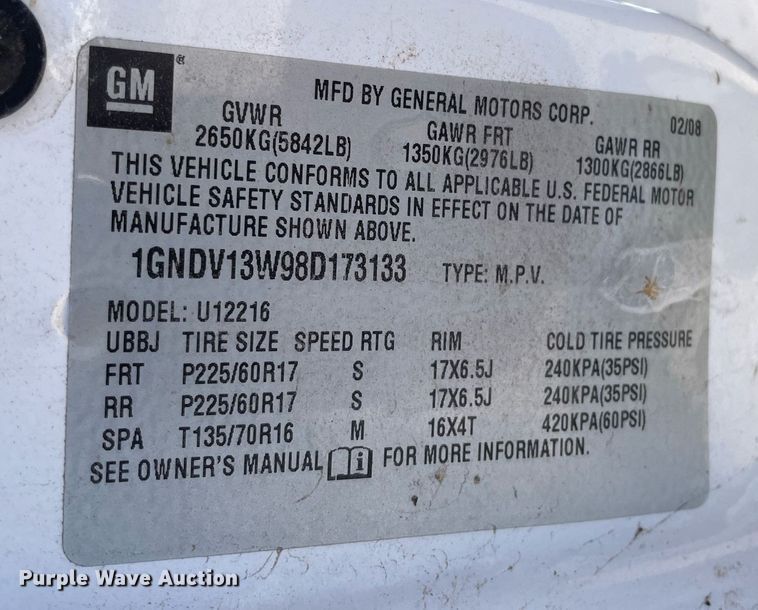 image for item NH9412 2008 Chevrolet Uplander  van