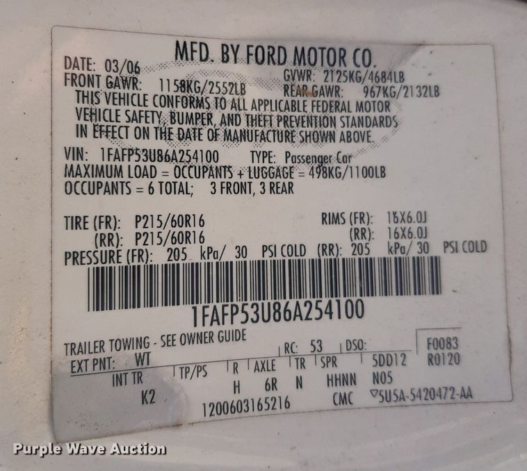 image for item NY9661 2006 Ford Taurus 