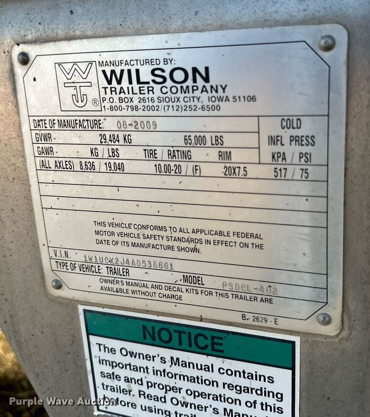 image for item DQ1394 2010 Wilson PSDCL-402  livestock trailer