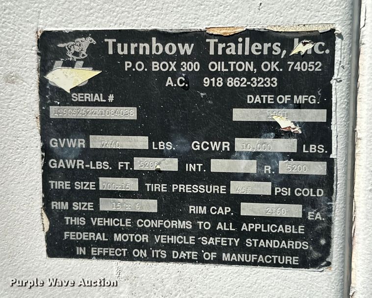 image for item ML9195 1991 Turnbow Trailers  horse trailer