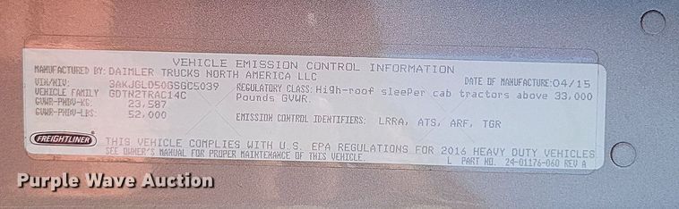 image for item LS9684 2016 Freightliner Cascadia Evolution  semi truck