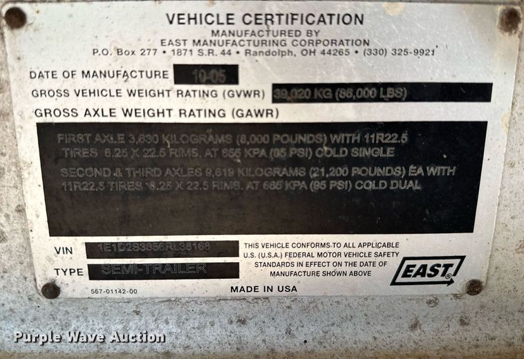 image for item MQ9326 2006 East  end dump trailer