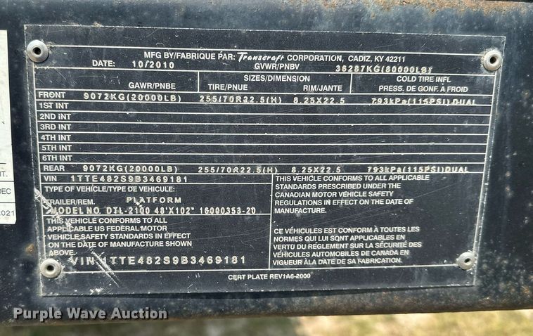 image for item MQ9364 2011 Transcraft DTL-2100  drop deck trailer