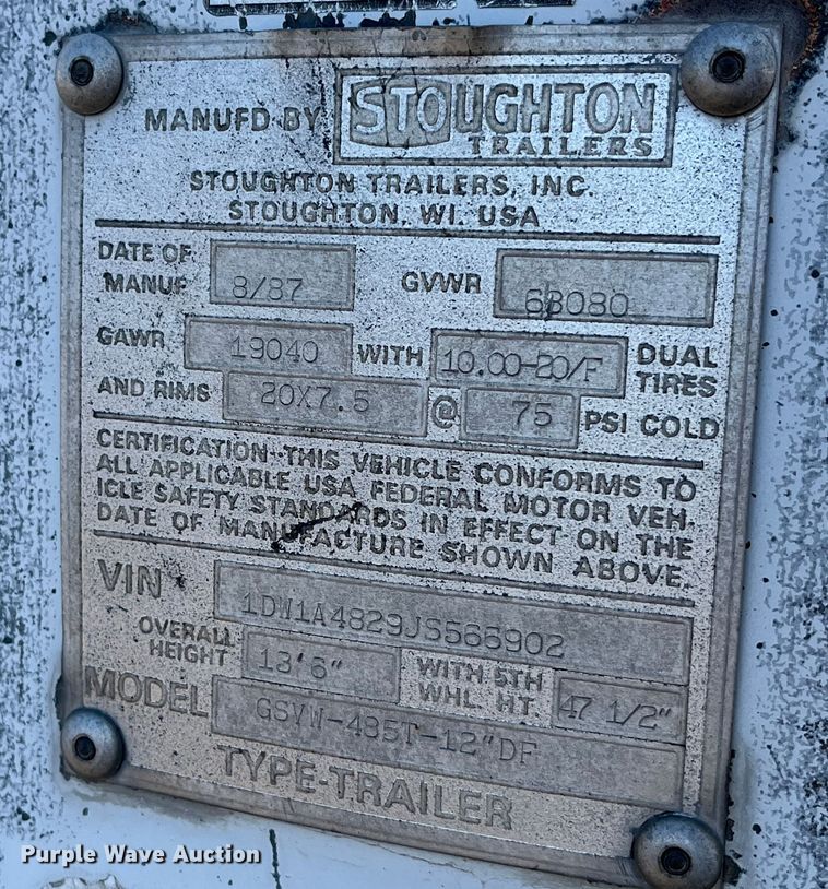 image for item MW9484 1988 Stoughton GSVW-485T-12''DF  dry van trailer