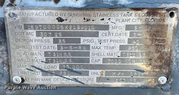 image for item NL9518 1989 Sunshine Stainless Tank & Equip  tank trailer