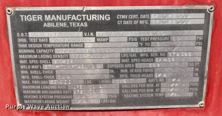 image for item NT9487 2009 Tiger Manufacturing  tank trailer