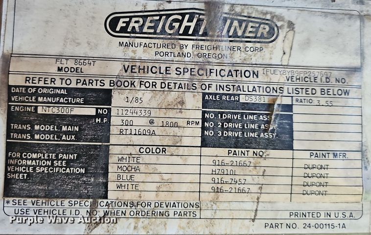 image for item NT9975 1985 Freightliner FLT 8664  truck cab and chassis