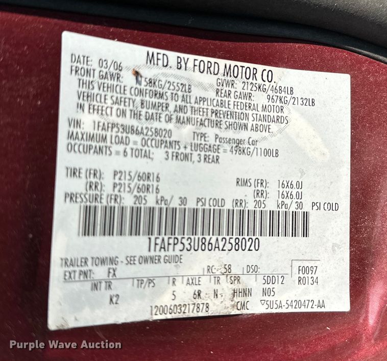 image for item GH9285 2006 Ford Taurus