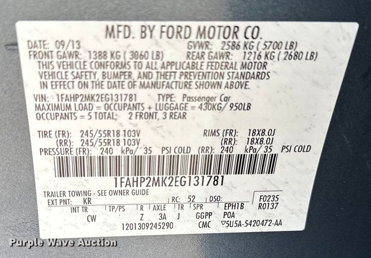 image for item GH9289 2014 Ford Taurus Police Interceptor