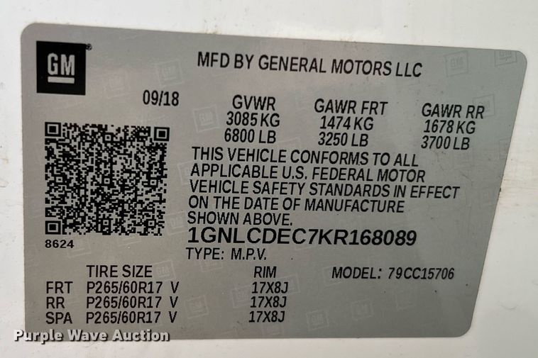 image for item LF9393 2019 Chevrolet Tahoe Police  SUV