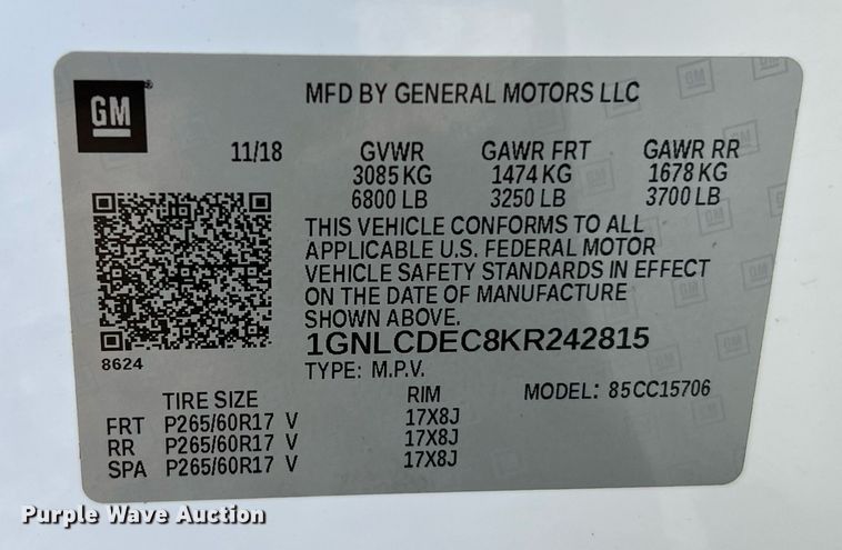 image for item LF9394 2019 Chevrolet Tahoe Police  SUV