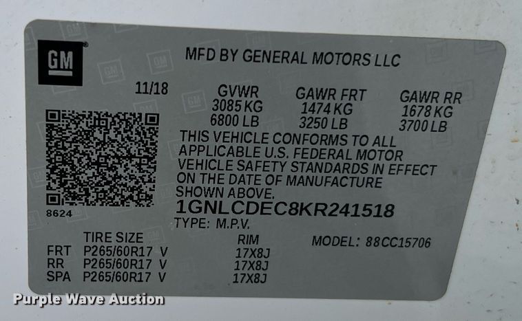 image for item LF9395 2019 Chevrolet Tahoe Police  SUV