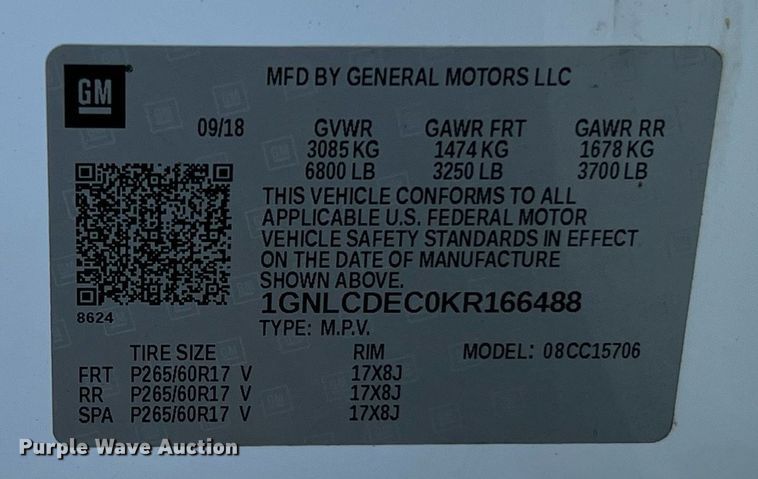 image for item LF9396 2019 Chevrolet Tahoe Police  SUV