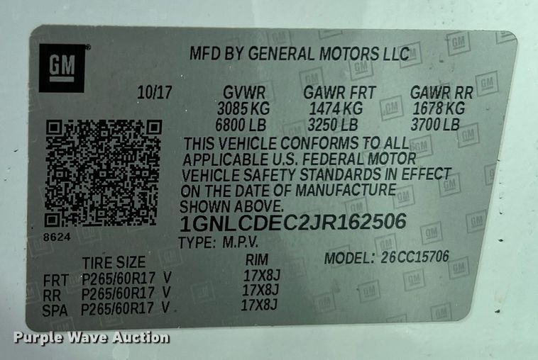 image for item LF9397 2018 Chevrolet Tahoe Police  SUV