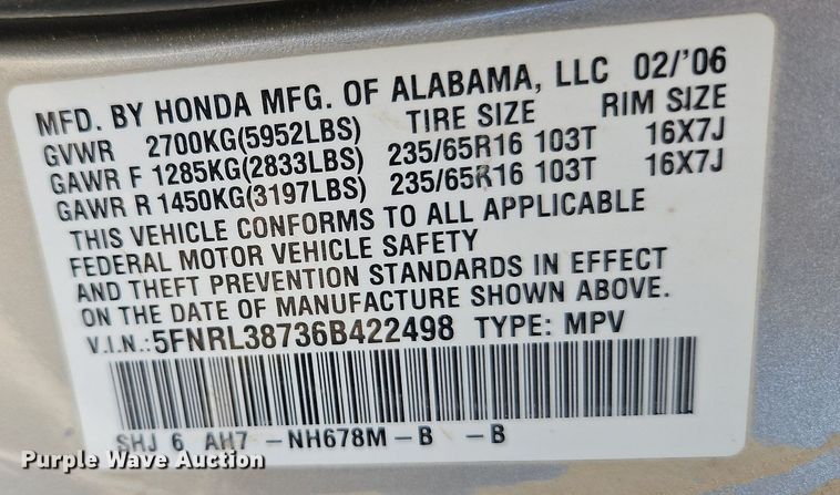 image for item LM9126 2006 Honda Odyssey  van