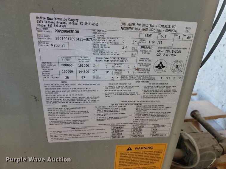 image for item LO9134 Modine PDP200AE0130  heater