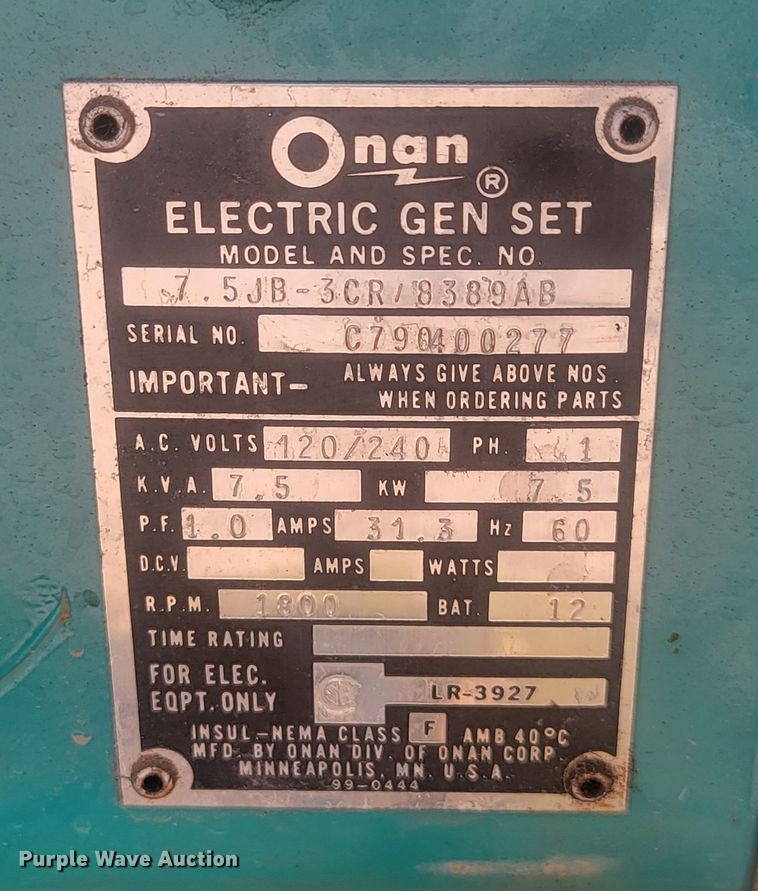 image for item LQ9269 Onan 7.5JB-3CR/8389AB  generator