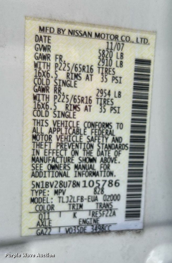 image for item MH9002 2008 Nissan Quest  van