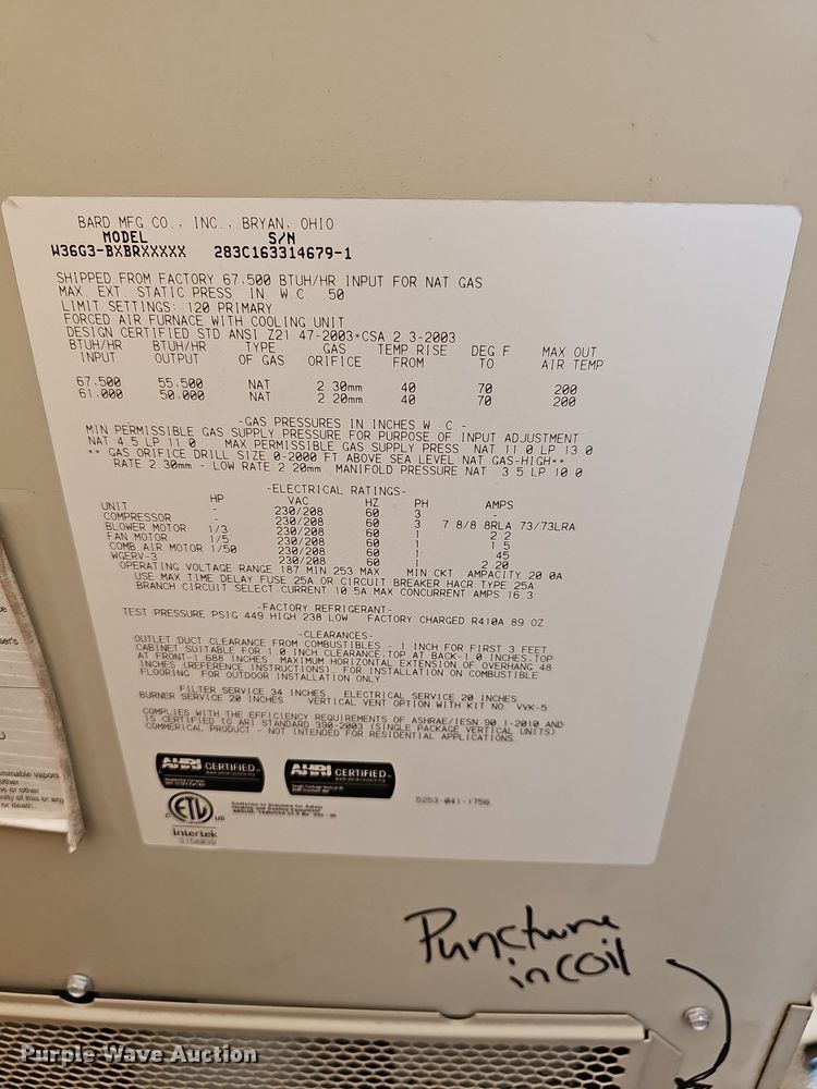 image for item MP9316 Bard W36G3BXBR  wall mounted climate control unit
