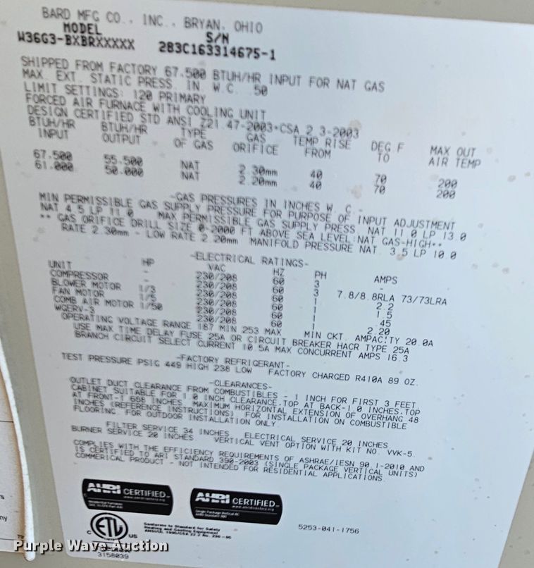 image for item MP9318 (2) Bard W36G3BXBR wall mounted climate control units