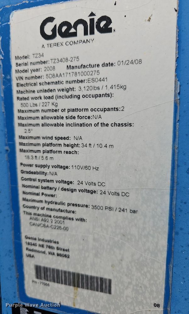 image for item MP9413 2008 Genie TZ 34/20  boom lift
