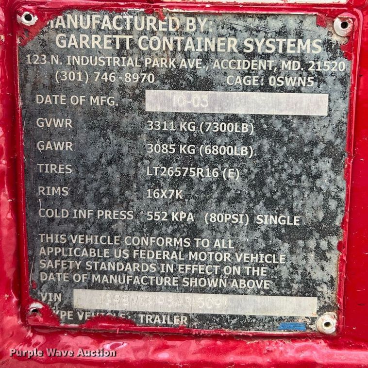 image for item NA9120 2003 Garrett Container Systems  generator