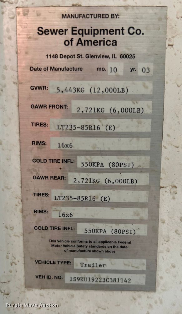 image for item NA9135 2004 Sewer Equipment of America 747-FR2000  sewer jetter trailer