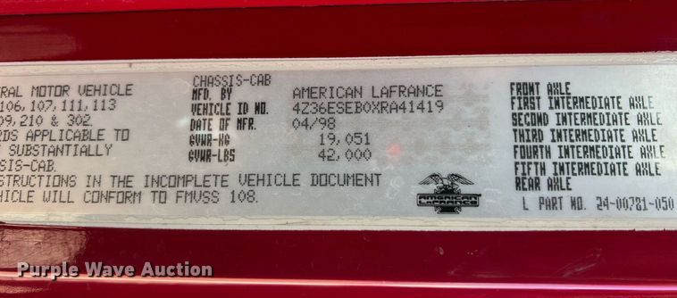 image for item NA9150 1999 American LaFrance Eagle  pumper fire truck
