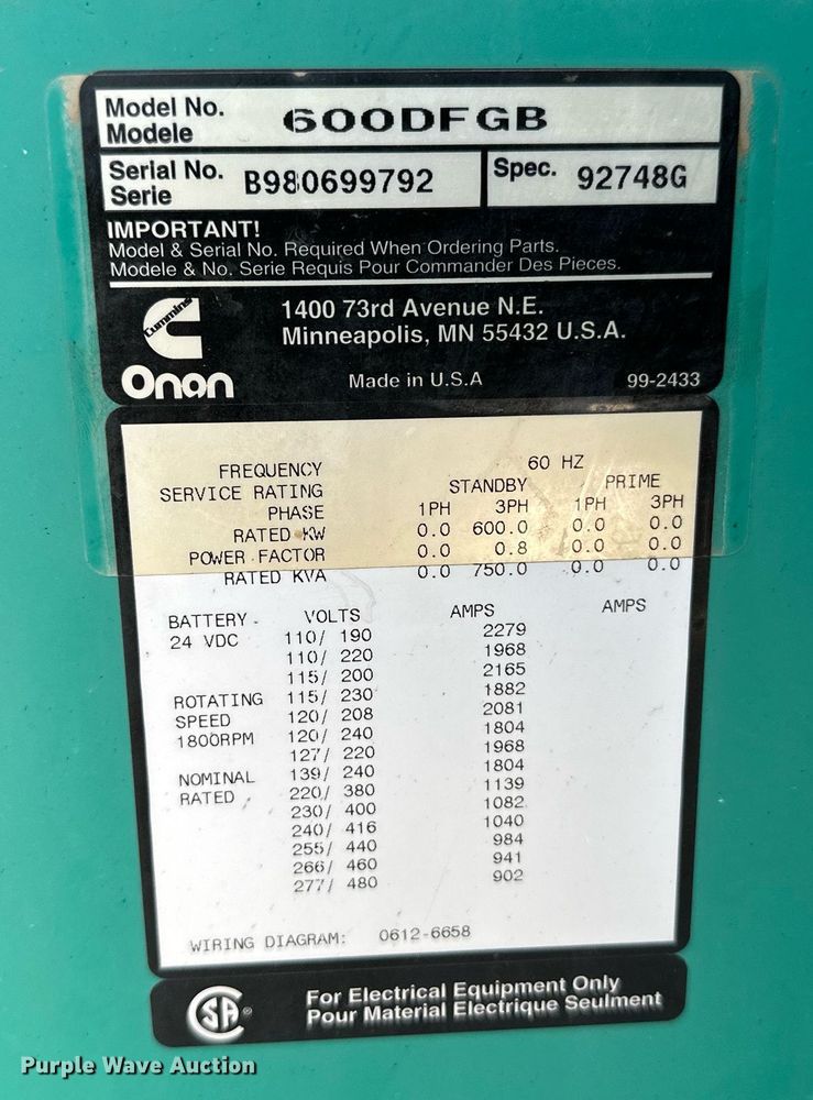 image for item NF9087 Onan 600DFGB  generator