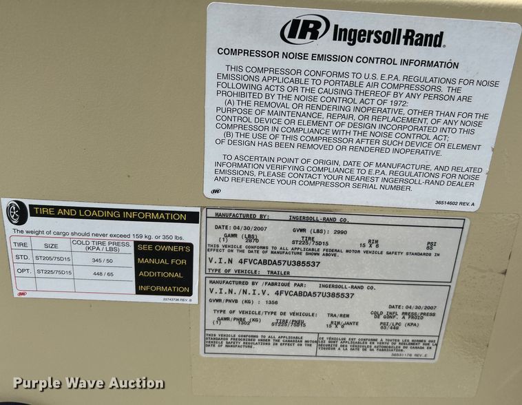 image for item NL9559 2007 Ingersoll Rand P185WJD  air compressor