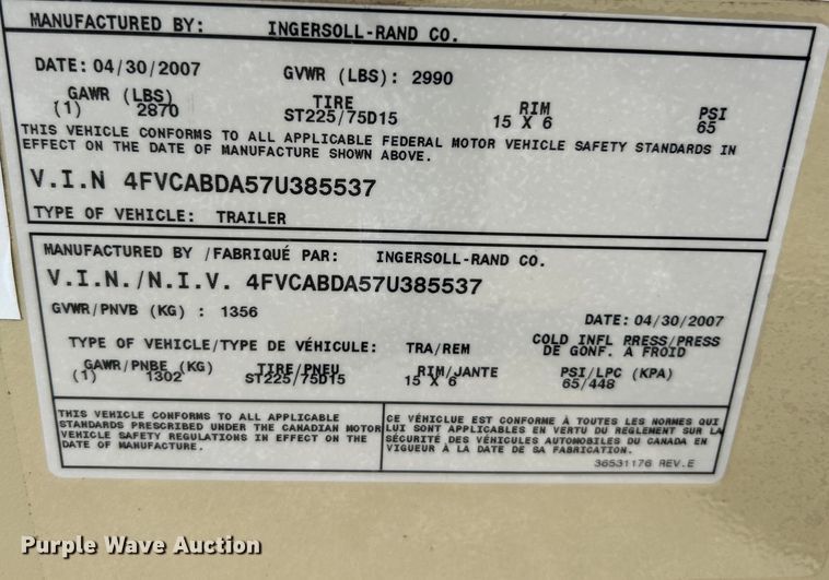 image for item NL9559 2007 Ingersoll Rand P185WJD  air compressor