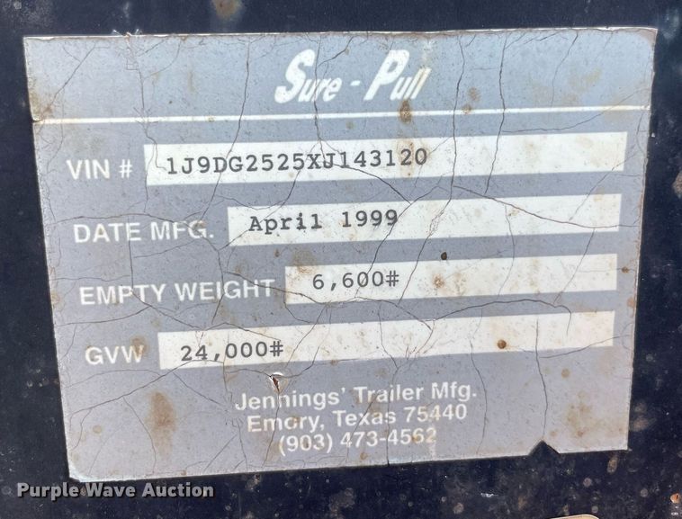 image for item NT9438 1999 Jennings' Trailer Mfg. Sure-Pull  equipment trailer
