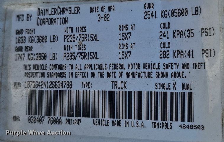 image for item OG9300 2002 Dodge Dakota SLT Club Cab pickup truck