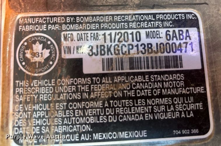 image for item DJ6254 2011 Can Am Commander 1000  utility vehicle