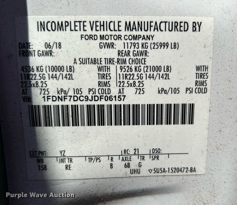 image for item DJ6262 2018  Ford F750 Super Duty  truck cab and chassis