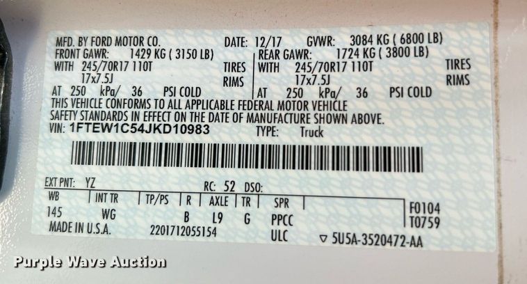 image for item DJ6272 2018 Ford F150  SuperCrew pickup truck