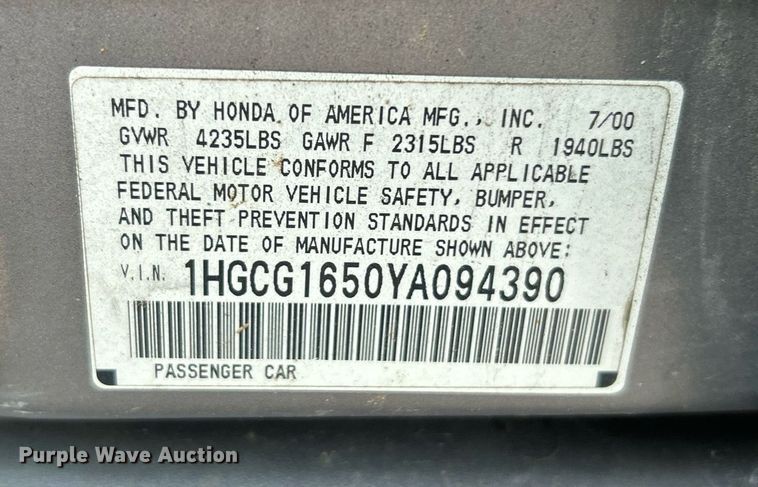 image for item DJ6279 2000 Honda Accord