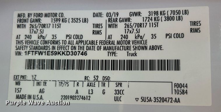 image for item DJ6282 2019 Ford F150 XL  SuperCrew pickup truck