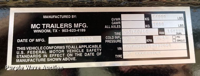 image for item DM0302 2023 MC Trailers Mfg.  equipment trailer