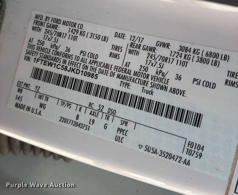 image for item DO3079 2018 Ford F150  SuperCrew pickup truck