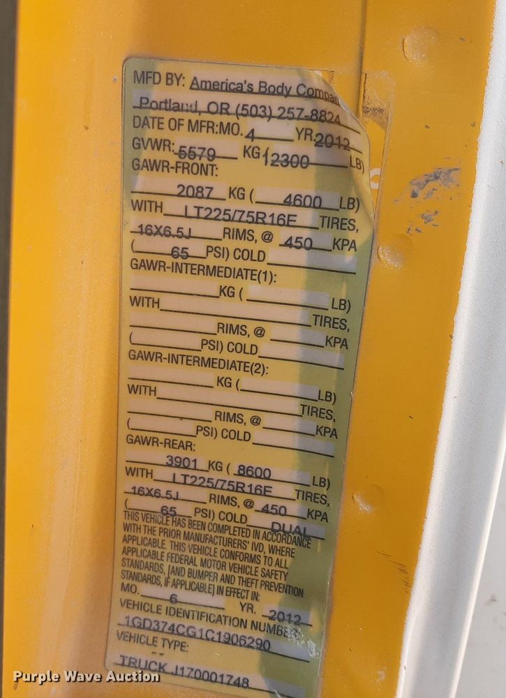 image for item DO3084 2012 GMC G3500  box truck