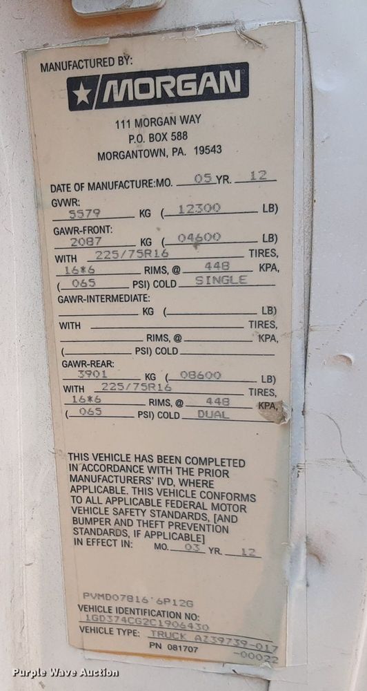 image for item DO3087 2012 GMC G3500  box truck