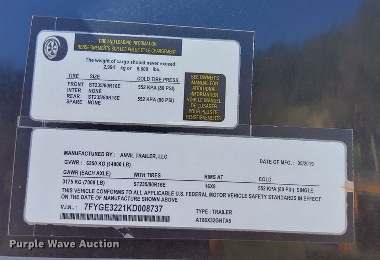 image for item DP3405 2019 Anvil AT86X32GNTA5  enclosed cargo trailer
