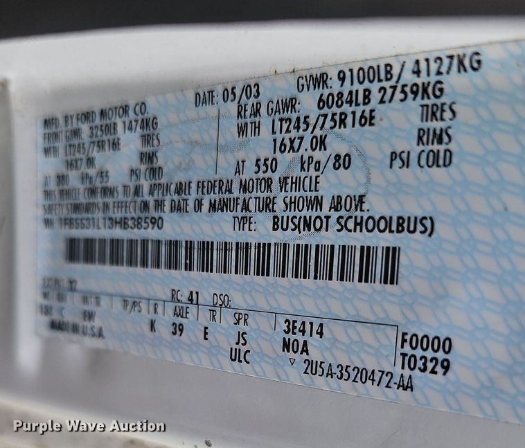 image for item DQ0307 2003 Ford E350 XLT Super Duty  van